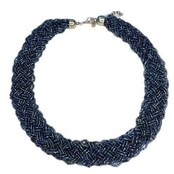 BRAIDED MULTI-STRAND BLUE SEED BEAD CHOKER NECKLACE - COSTUME JEWELRY VTG 1980's - Picture 3 of 5